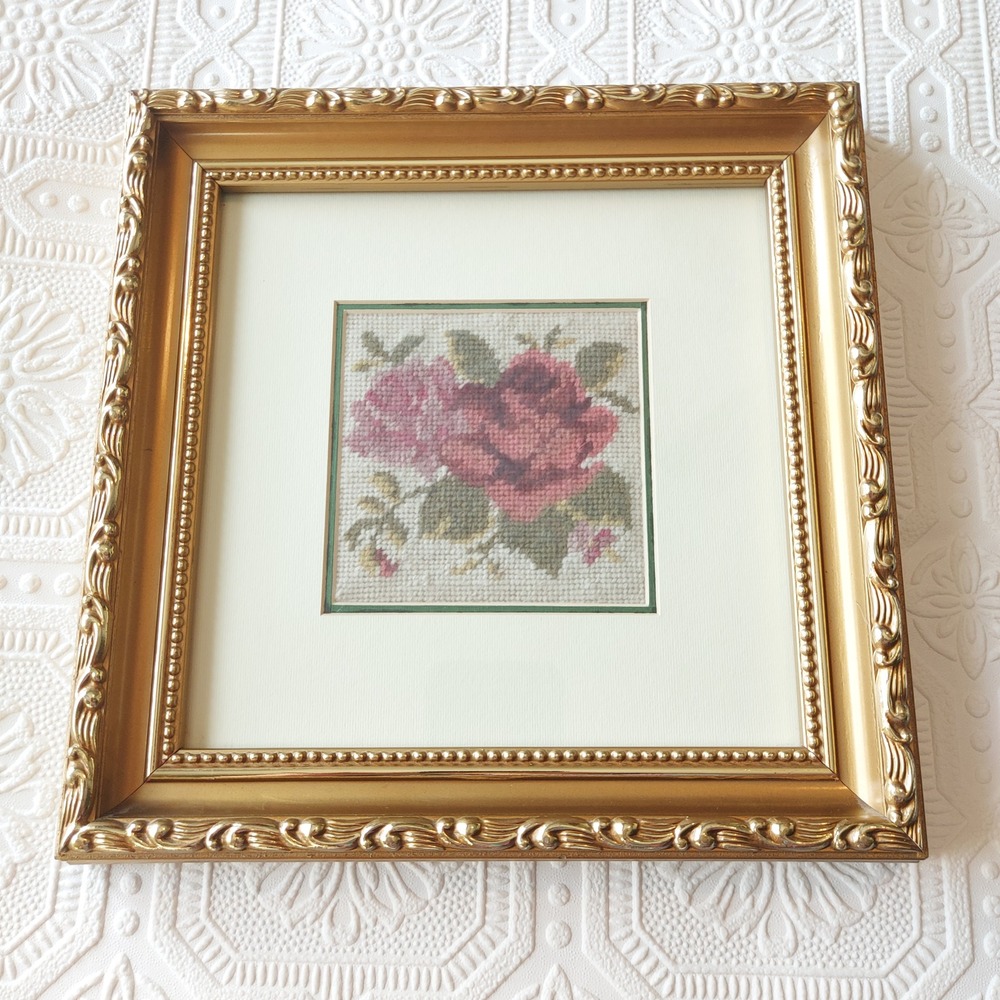 Vintage Floral Needlepoint Rose Gold Ornate Square Frame Wall Art 9.75"